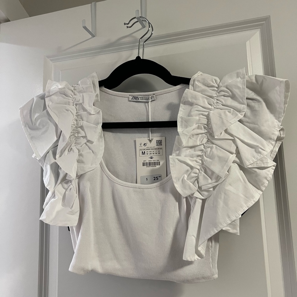 Zara Crisp White Ruffle Trim Top White